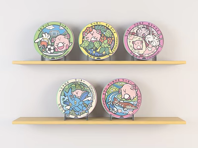 Five Colorful Cartoon Plates With Cute Patterns Displayed On Wooden Shelves 3d model