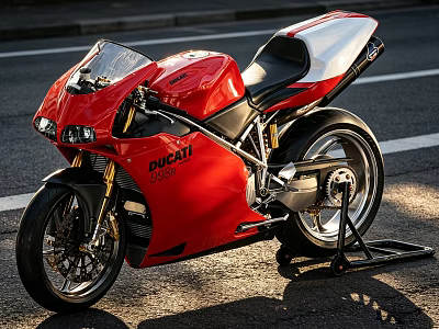 Red Ducati Sports Motorcycle Parked On Road With Black Seat And White Accents 3d model