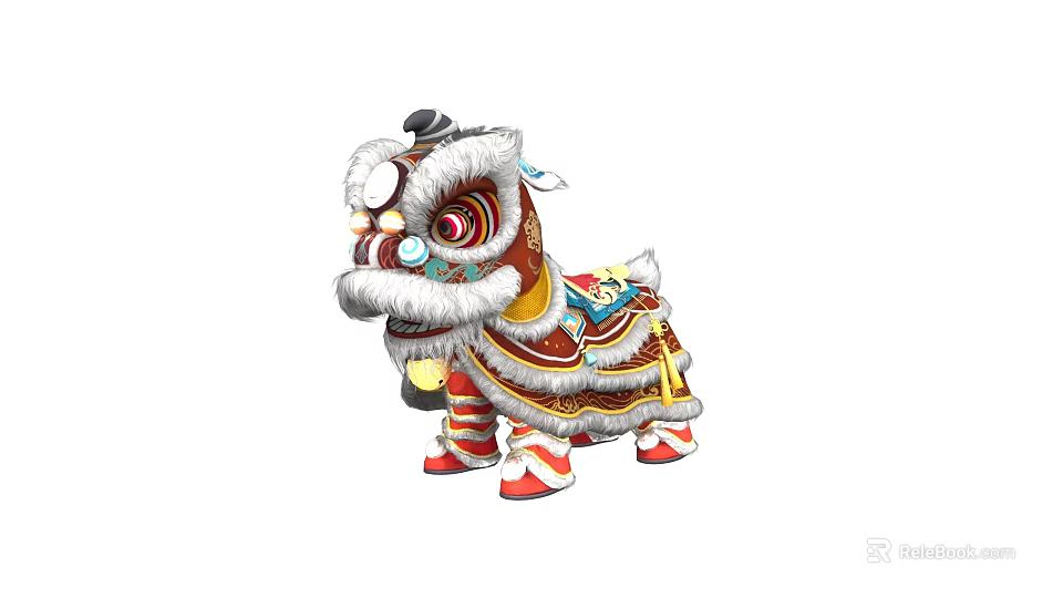 Traditional Lion Dance Costume Figure with Red Gold Decorative Tassels and Bells 3d model 
