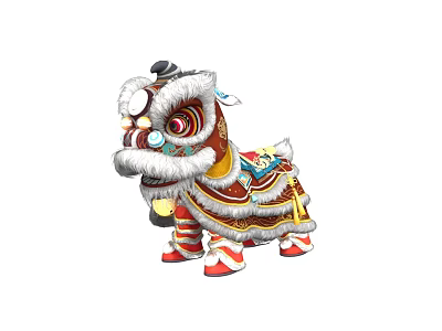 Traditional Lion Dance Costume Figure with Red Gold Decorative Tassels and Bells 3d model
