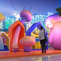 Outdoor City Night Art Installation With Pink Monster Sculpture Mushroom Decorations And Colorful Arches