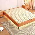 Modern Double Bed with Pillows Nightstands LED Lights and Wooden Floor Rug