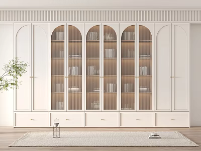 Modern White Bookcase With Arched Glass Doors And Books Display In Interior Design 3d model