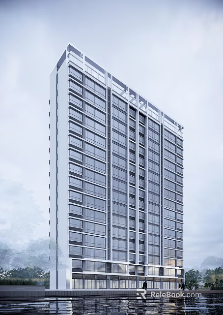 Modern High Rise Building Exterior With Glass Curtain Walls And Balconies 3d model 