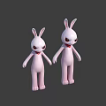 Two pink rabbit dolls with red eyes and red bow ties standing together