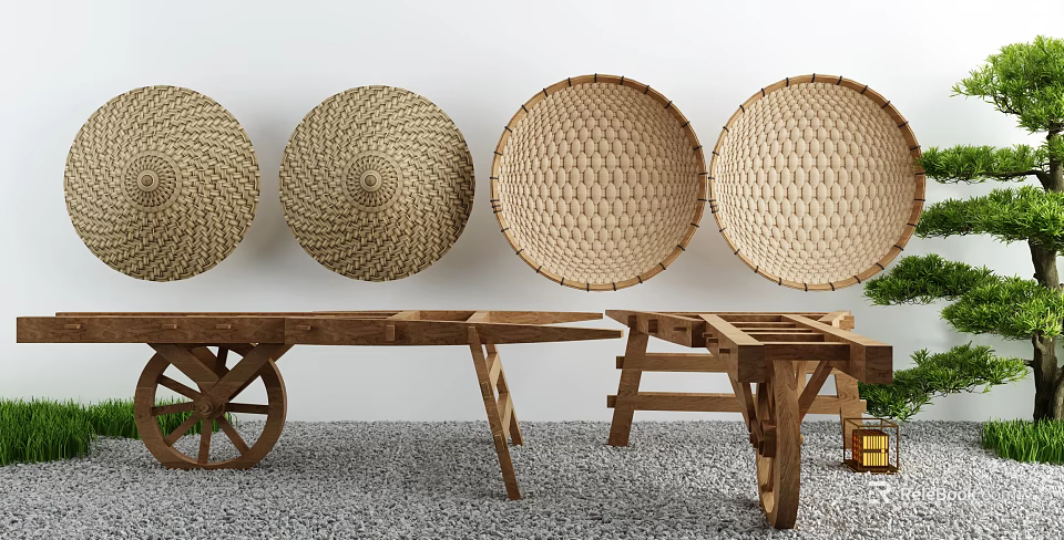 Courtyard Garden with Hanging Woven Baskets and Wooden Cart Tables on Gravel Floor 3d model 