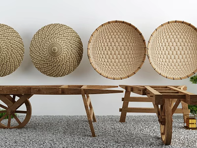 Courtyard Garden with Hanging Woven Baskets and Wooden Cart Tables on Gravel Floor 3d model