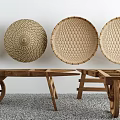 Courtyard Garden with Hanging Woven Baskets and Wooden Cart Tables on Gravel Floor