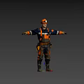 Man In Black And Orange Miner Uniform With Hard Hat Arms Outstretched Against Blue Sky