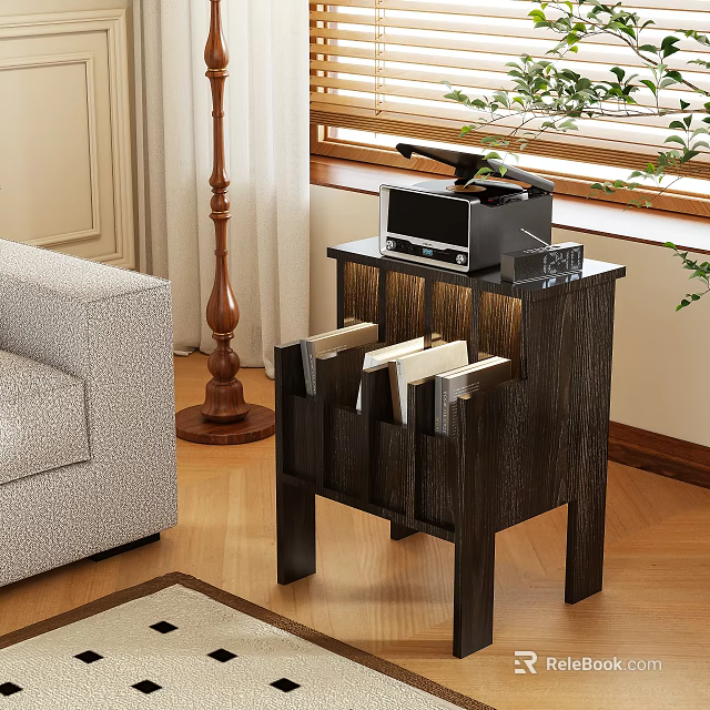 Dark Wood Side Table in Living Room Next to Sofa with Storage Compartments and Radio 3d model 