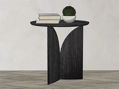 Modern Black Side Table with Double Curved Legs Featuring Stacked Books and White Potted Plant 3d model