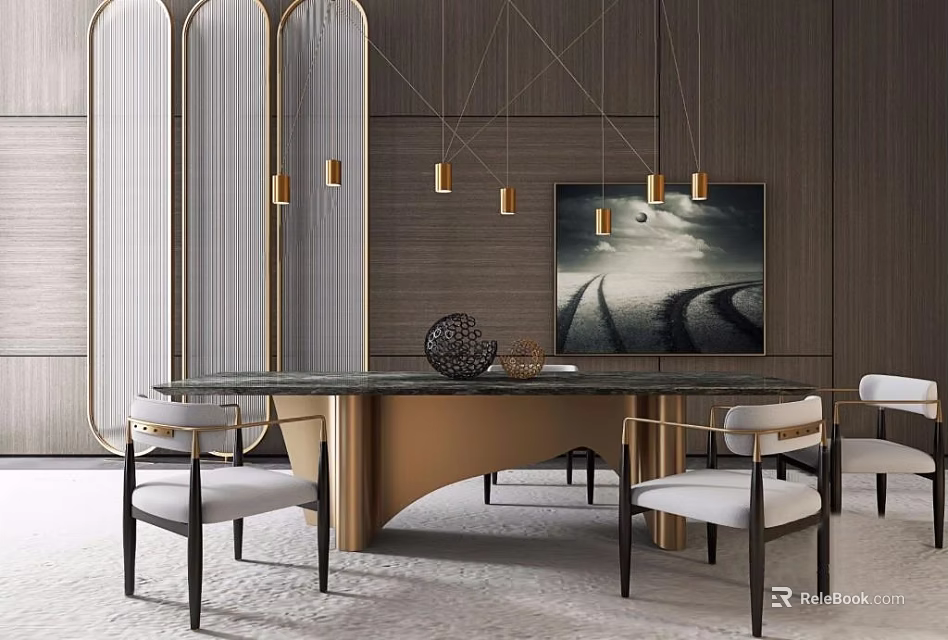 Modern Luxury Dining Table Set With Marble Top Metal Frame Chairs And Gold Pendant Lights 3d model 