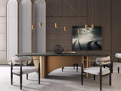 Modern Luxury Dining Table Set With Marble Top Metal Frame Chairs And Gold Pendant Lights 3d model