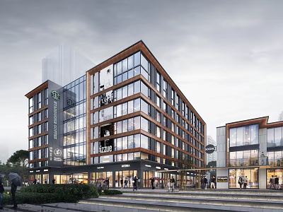 Modern Office Building With Glass Windows Wooden Elements Pedestrians And Street Greenery 3d model