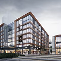 Modern Office Building With Glass Windows Wooden Elements Pedestrians And Street Greenery