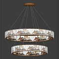 Modern Double Layer Circular Chandelier with Transparent Strips and Warm Lighting in Dark Wall Interior