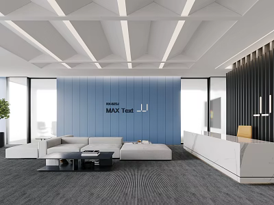 Modern Office Reception Area With Blue Accent Wall And MAX Trust Logo 3d model