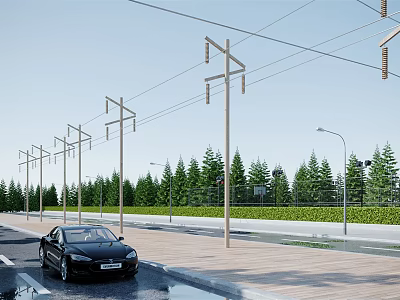 Urban Road Infrastructure With Utility Poles Street Lamps And Green Trees Alongside Road 3d model