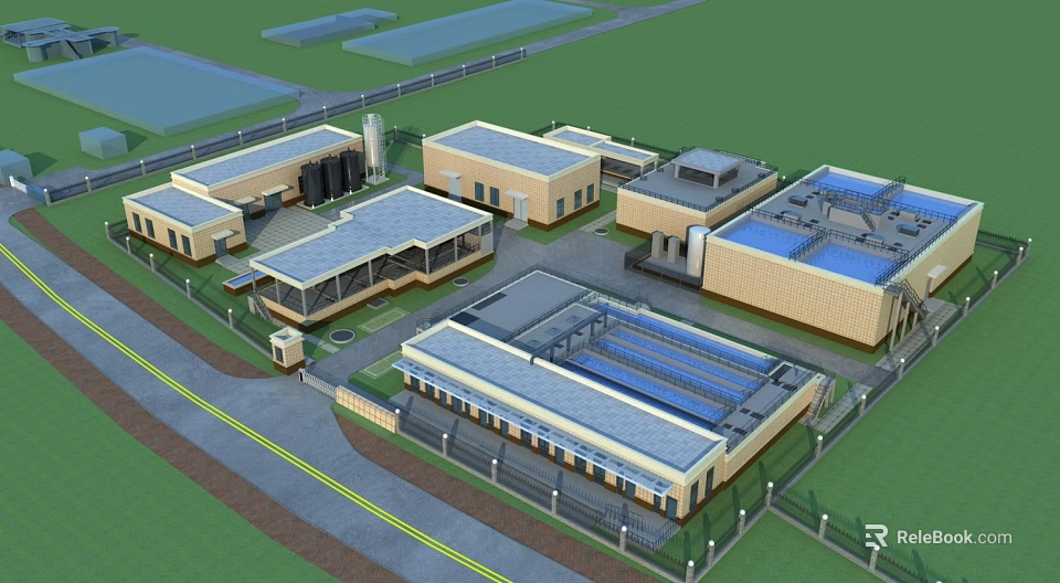 Industrial Plant Layout With Multiple Building Structures Flat Roofs And Access Roads 3d model 