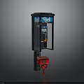 Black Urban Telephone Booth With Blue Bell Sign On Top And Red Fire Hydrant