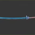 Blue Glowing Sword With Decorative Multicolored Hilt And Reflective Surface