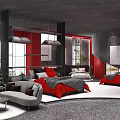 Carnation Exhibition Space With Red Pillars Gray Walls And Display Beds
