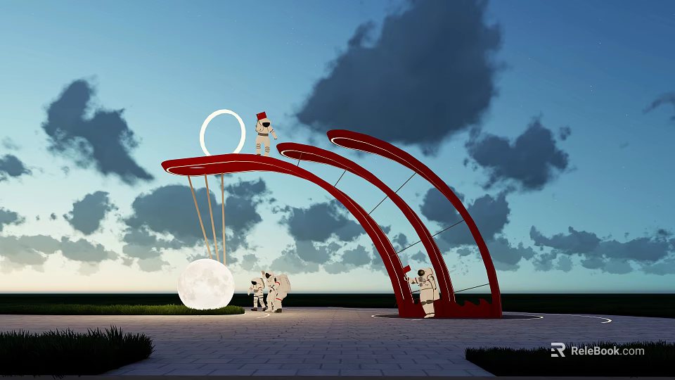 Park Landscape With Red Arch Astronaut Sculptures Circular Moon Green Grass And Cloudy Sky 3d model 