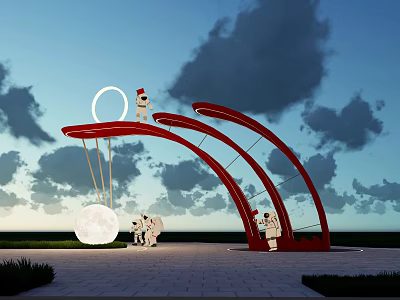 Park Landscape With Red Arch Astronaut Sculptures Circular Moon Green Grass And Cloudy Sky 3d model