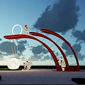 Park Landscape With Red Arch Astronaut Sculptures Circular Moon Green Grass And Cloudy Sky