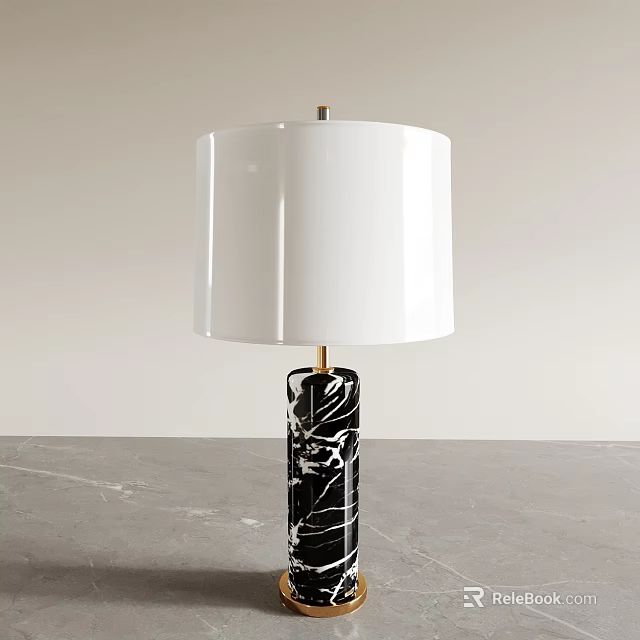 Modern Table Lamp With White Lampshade And Black Marble Stand On Marble Tabletop 3d model 