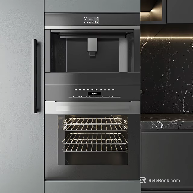 Modern Stainless Steel Kitchen Appliance With Wine Rack And Marble Countertop 3d model 