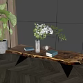 Natural Wood Coffee Table With Black Metal Legs Vase White Flowers Green Foliage And Books