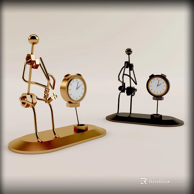Gold And Black Metal Ornament Figurine Set With Human Shaped Structure And Clocks 3d model 