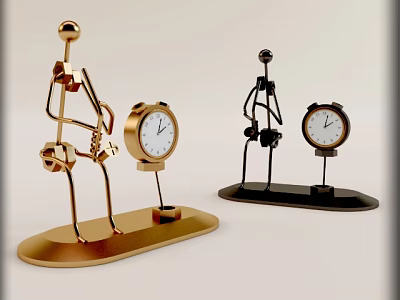Gold And Black Metal Ornament Figurine Set With Human Shaped Structure And Clocks 3d model