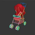 Red Baby Stroller With Canopy And Four Wheels On Smooth Black Surface 3d model
