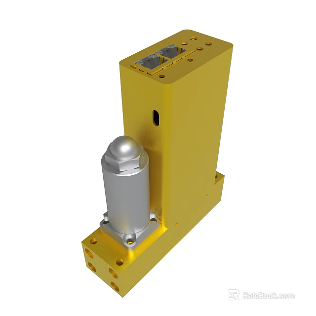 Yellow Industrial Mechanical Component With Silver Cylindrical Part And Mounting Holes 3d model 