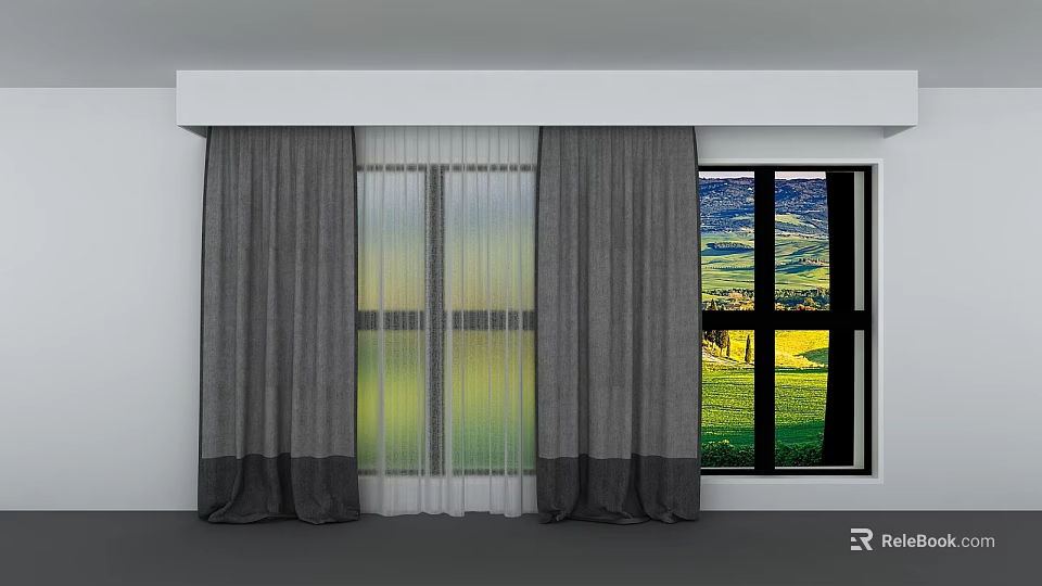 Gray Curtains With Sheer Inner Layer By Window Showing Green Landscape 3d model 