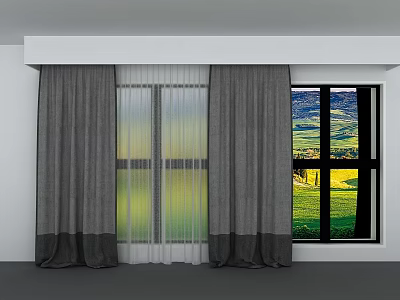 Gray Curtains With Sheer Inner Layer By Window Showing Green Landscape 3d model