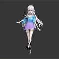 3D Woman Character With White Long Hair Blue Purple Top Purple Skirt Black Striped Stockings