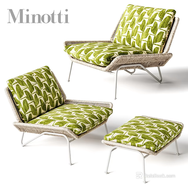 Green Leaf Pattern Outdoor Chairs With Wicker Design And Metal Frame Ottoman 3d model