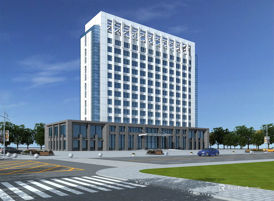 Modern High Rise Office Building Exterior With Glass Curtain Wall Greenery And Blue Sky 3d model 
