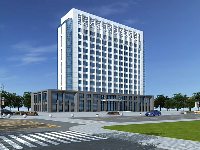 Modern High Rise Office Building Exterior With Glass Curtain Wall Greenery And Blue Sky 3d model