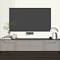Modern TV Stand With Flat Screen TV Green Plant Books And Table Lamp