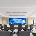 Modern Conference Room Interior With Medical Seminar Screen Round Table And Chairs