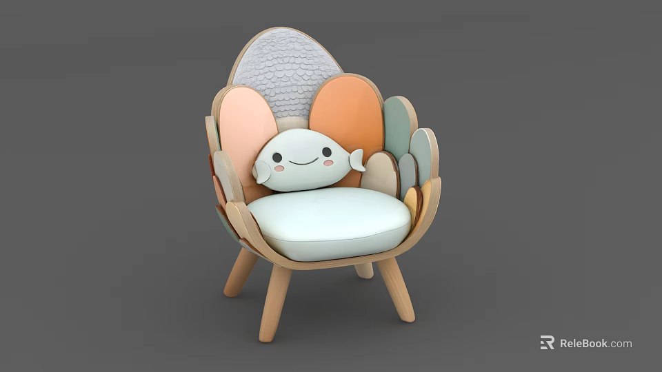 Cute Shell Shaped Armchair With Colorful Curved Panels Light Blue Cushion And Wooden Legs 3d model 