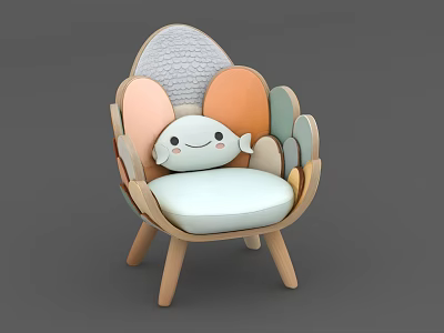 Cute Shell Shaped Armchair With Colorful Curved Panels Light Blue Cushion And Wooden Legs 3d model