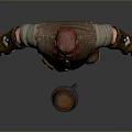 Man With Red Hair And Beard Wearing Gray Tunic Brown Pants And Wooden Barrel