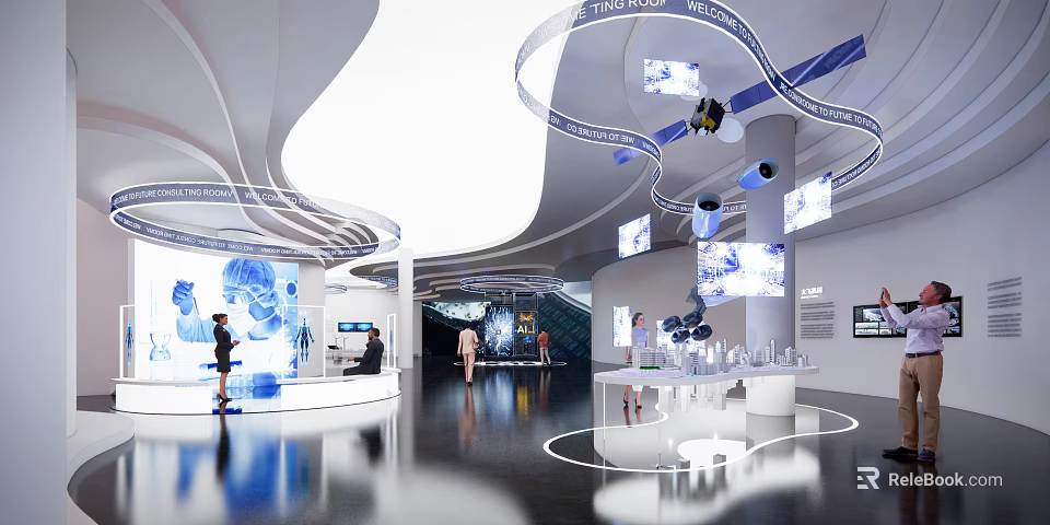 Modern Tech Exhibition Hall With Interactive Digital Screens And Futuristic Display Designs 3d model 