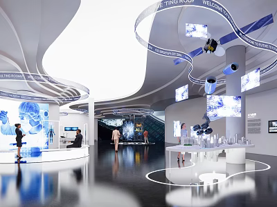Modern Tech Exhibition Hall With Interactive Digital Screens And Futuristic Display Designs 3d model