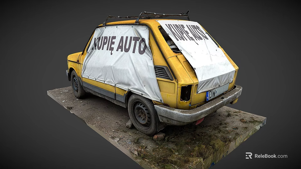 Vintage Yellow Car Covered With White Cloth Having KUPĘ AUTO Text And Roof Rack 3d model 